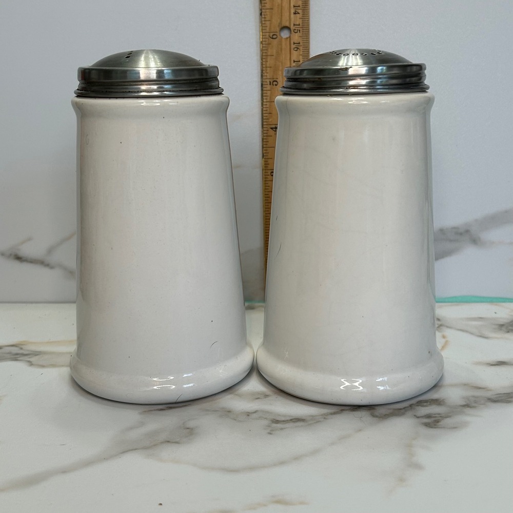 Royal Cuisine China Salt and Pepper Shakers White Ceramic Stainless Steel Lids